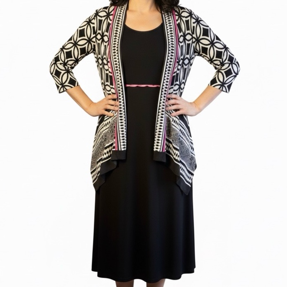Covington 2-Piece Geometric Print Dress & Cardigan Set Pink Accents 10 EUC Work